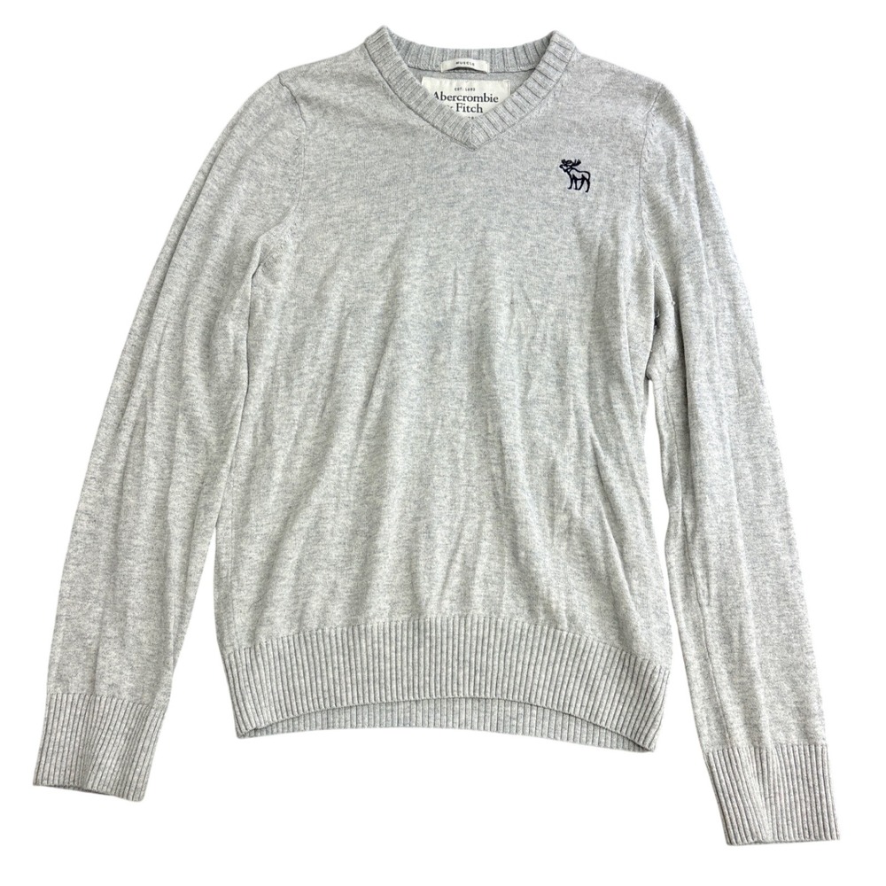 Abercrombie & Fitch Mens Gray V-Neck Muscle Fit Sweater Moose Logo Size Medium